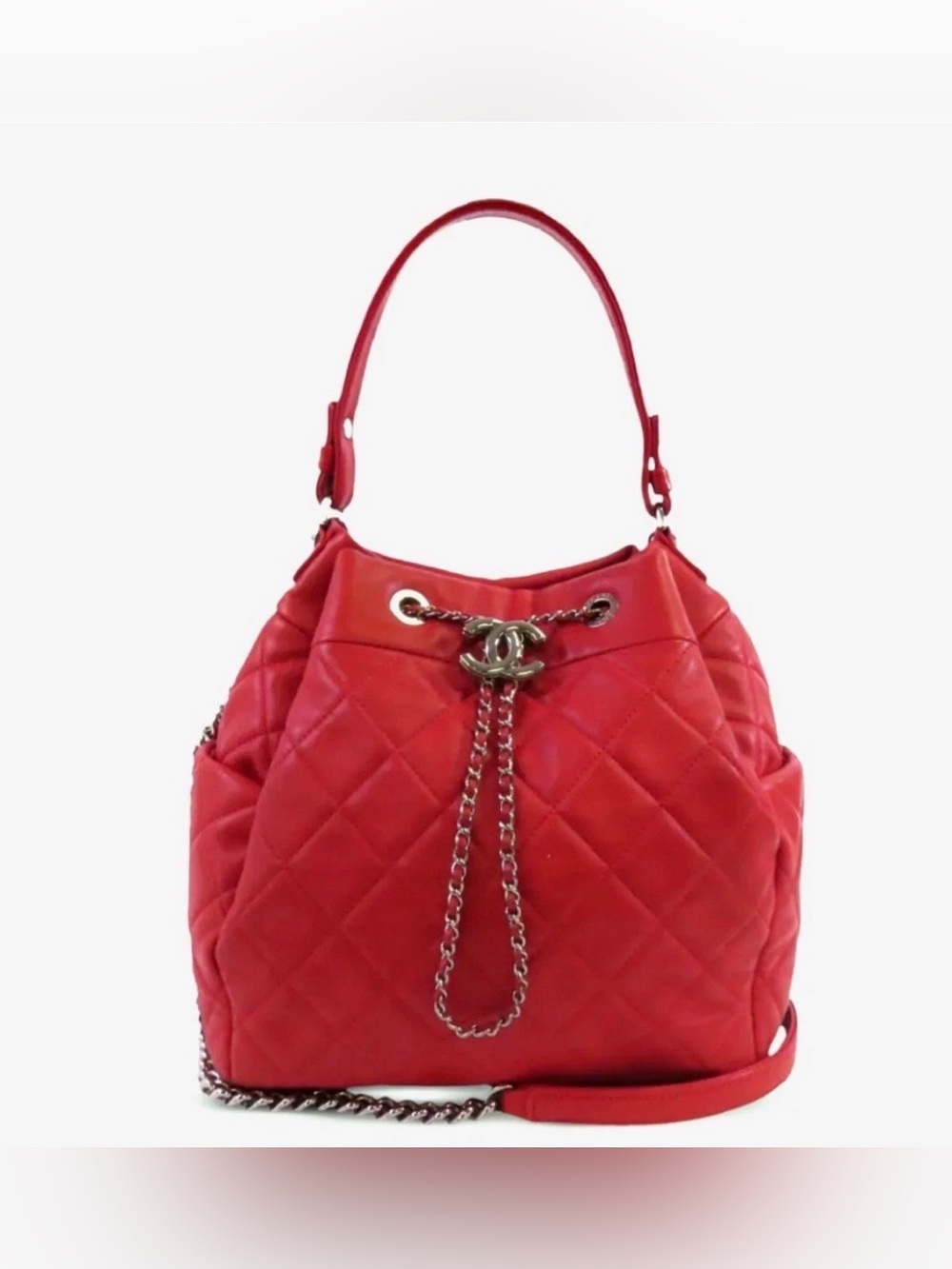 CHANEL CC Logo Drawstring "25"Bucket Bag-Red Lambskin Quilted Ruthenium Hardware